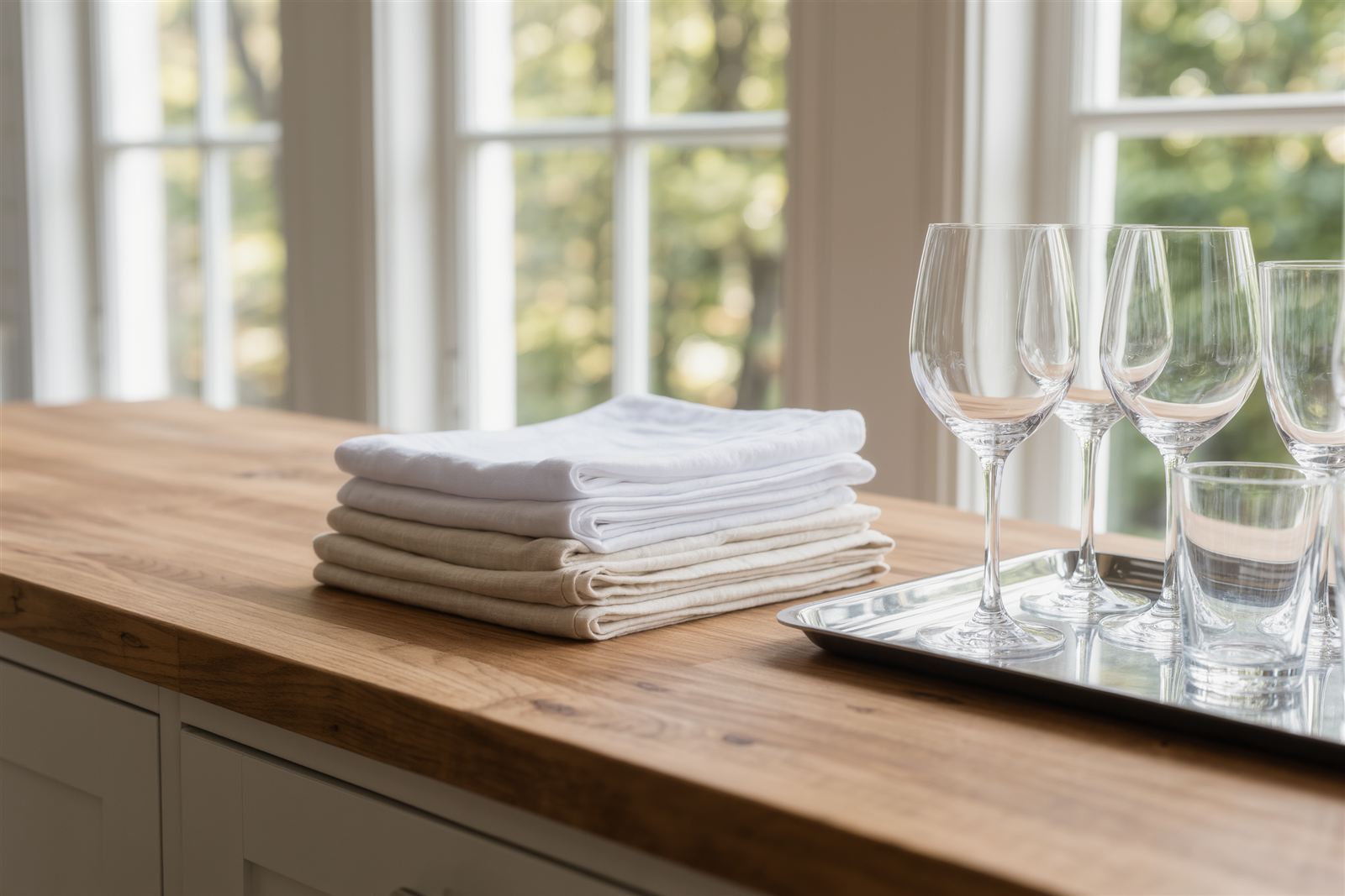 A neat stack of folded ivory table linens beside a tray of clear wine glasses on a wooden prep table