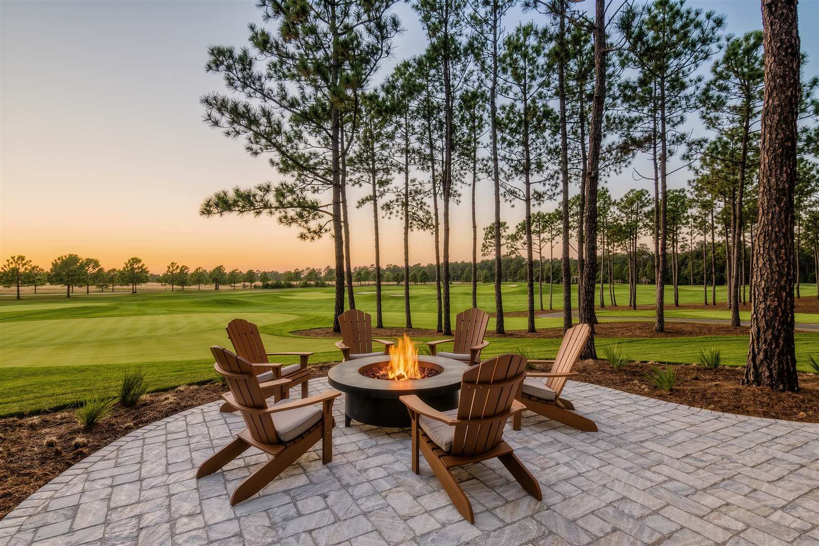 A clubhouse patio of stone pavers and outdoor chairs around a firepit looking over a golf green and pines