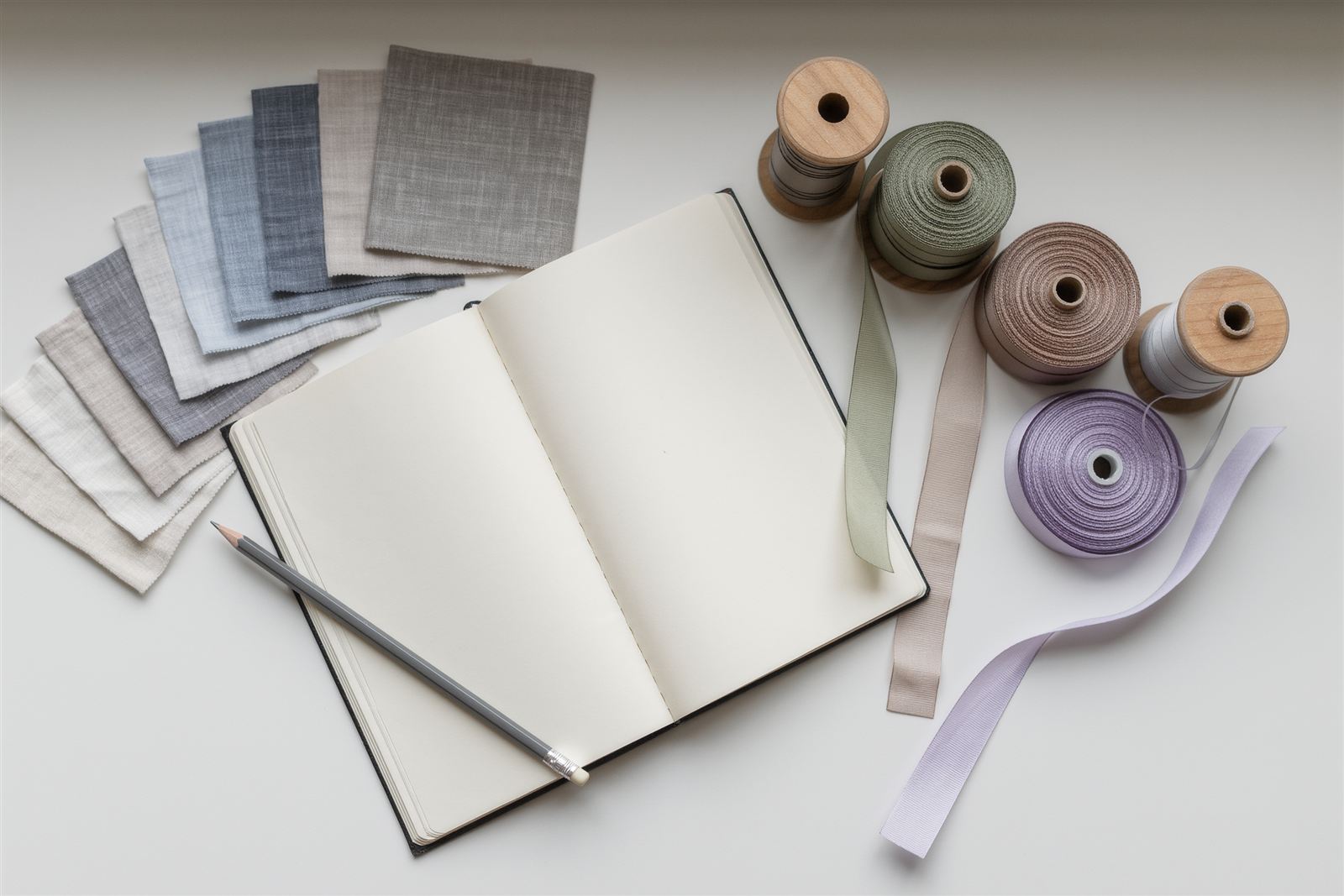 A planning desk seen from above with fabric swatches, ribbon spools, a blank notebook and a pencil