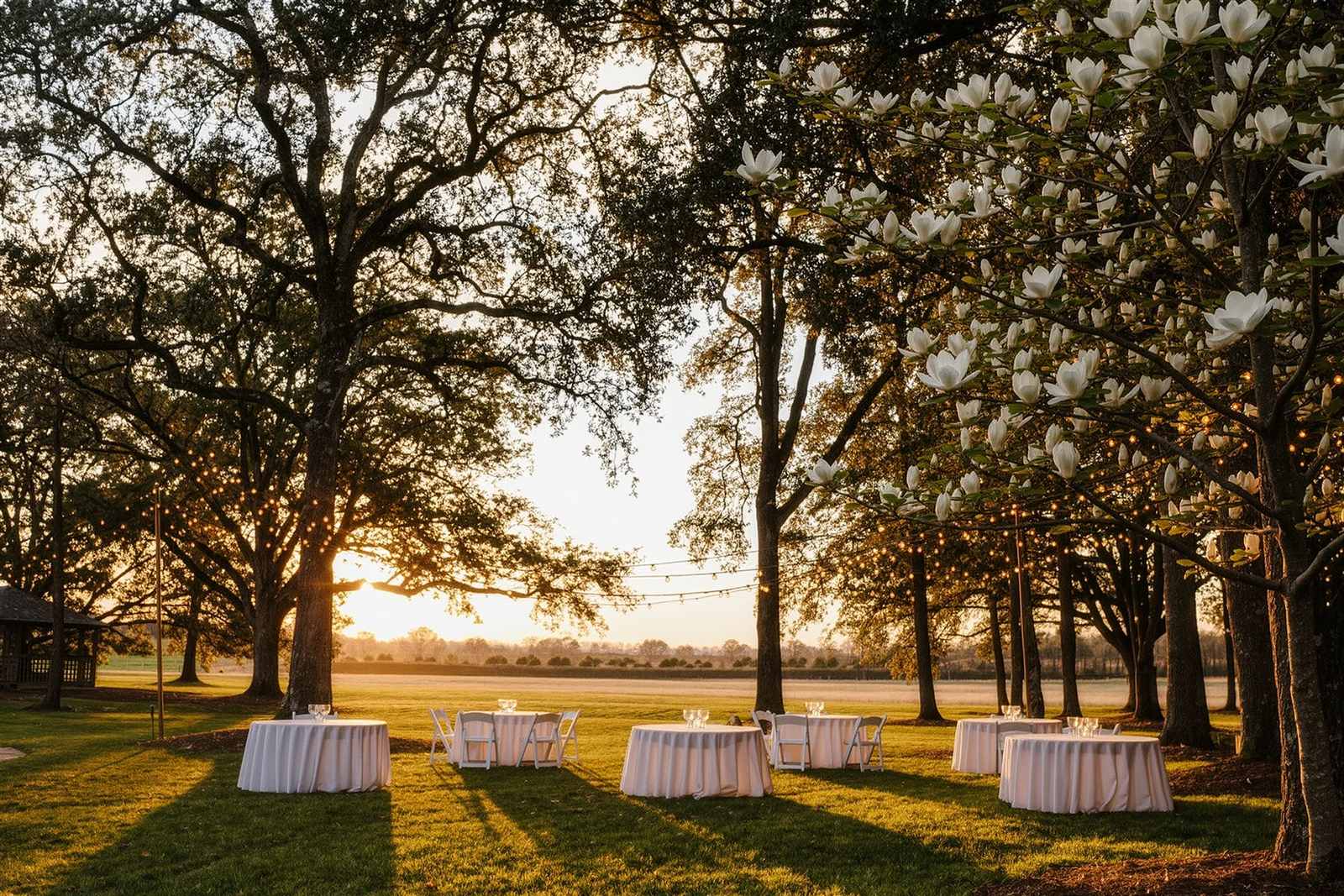 A backyard lawn set with round tables and string lights between tall oaks and a blooming magnolia at golden hour